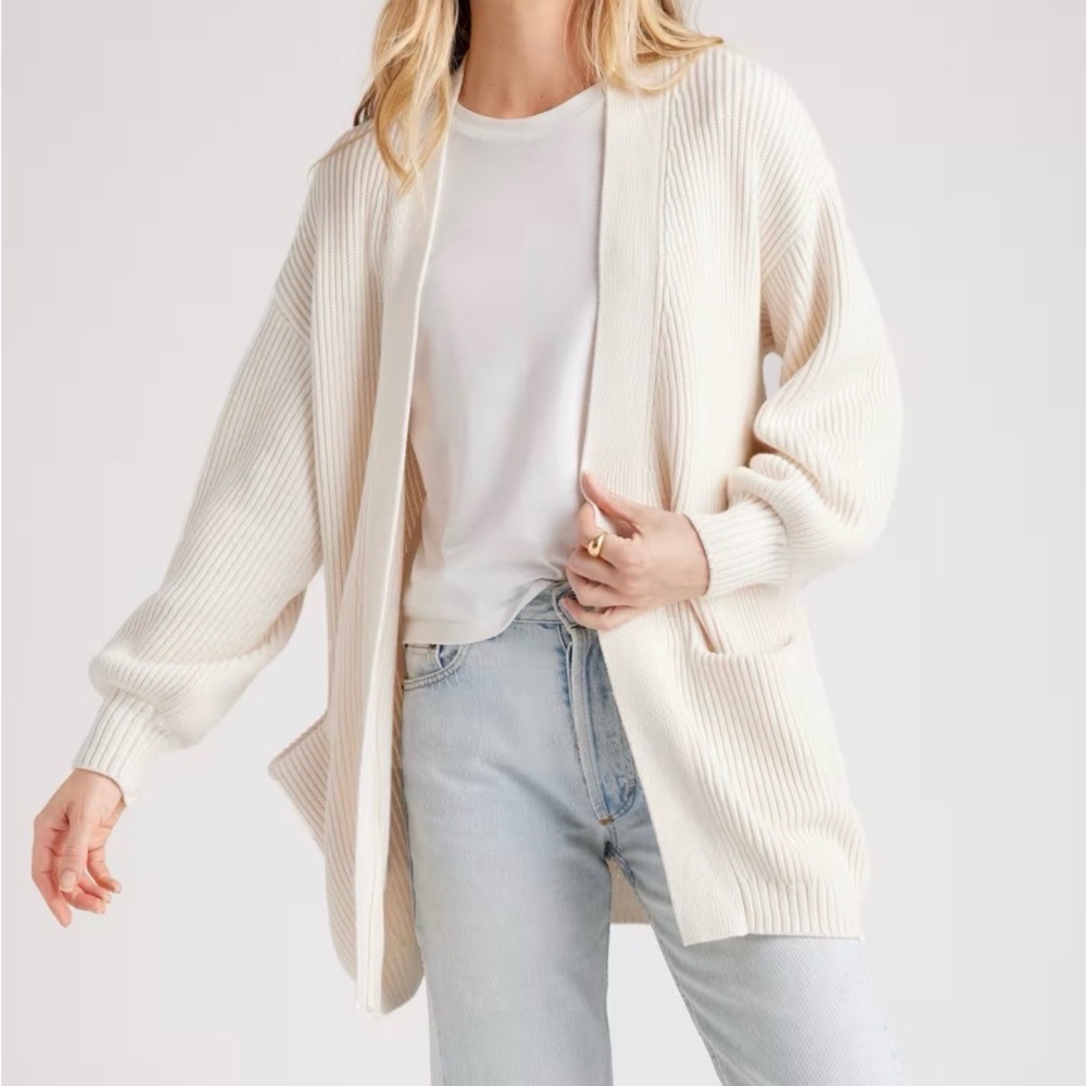 Quince Cream Ribbed Open-Front Cardigan